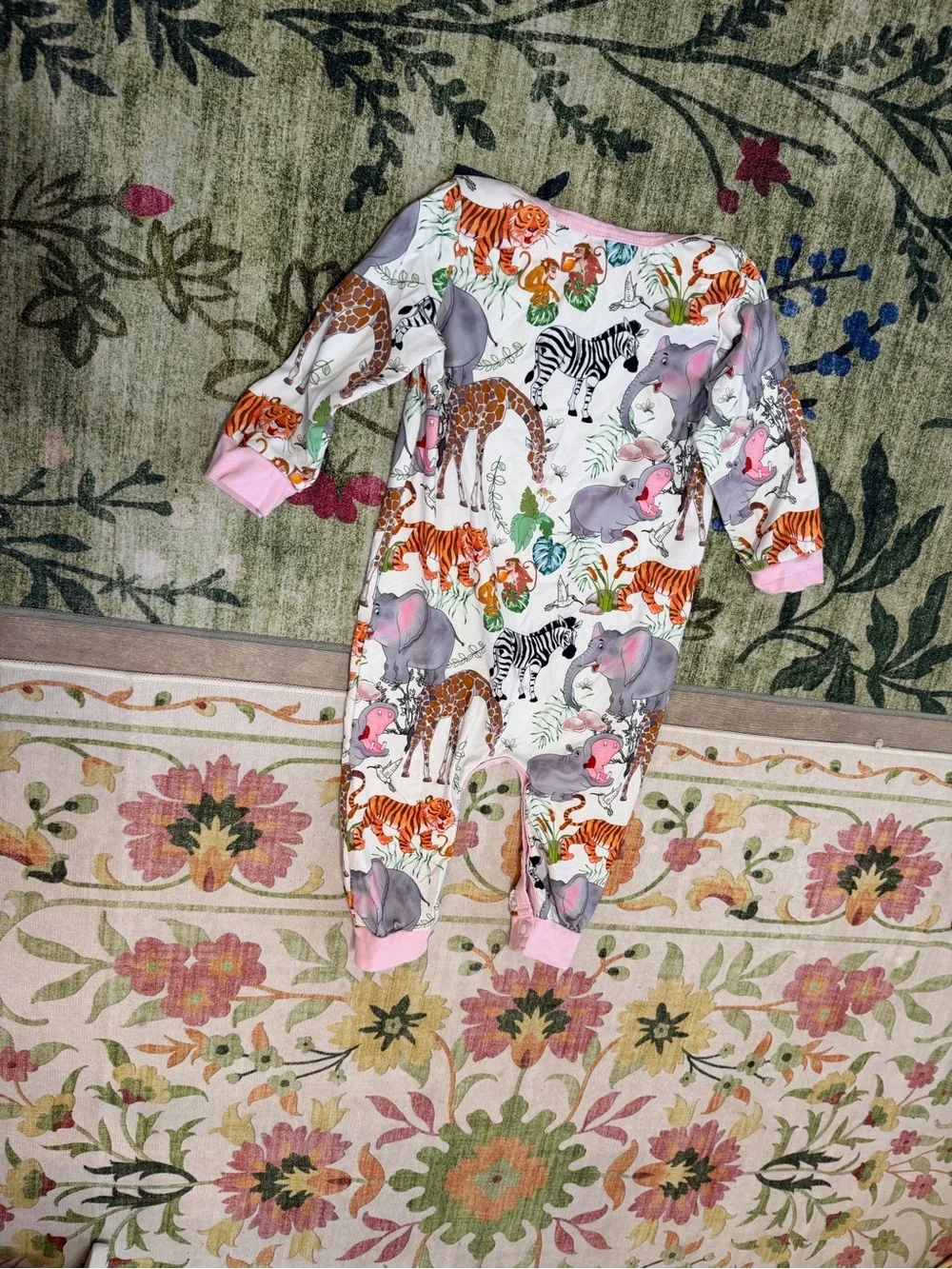 Pink-Trim Safari Animal Print Footie Pajamas for Kids